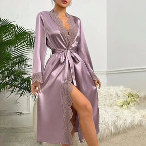 Satijnen ochtendjas met kant Light gray purple / XL  58-63KG
