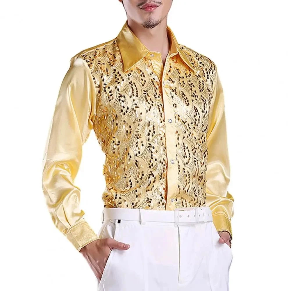Satijnen overhemd met laser-cut paillettenoverlay Goud / S