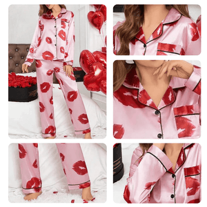 Satijnen pyjama dames met lippenprint
