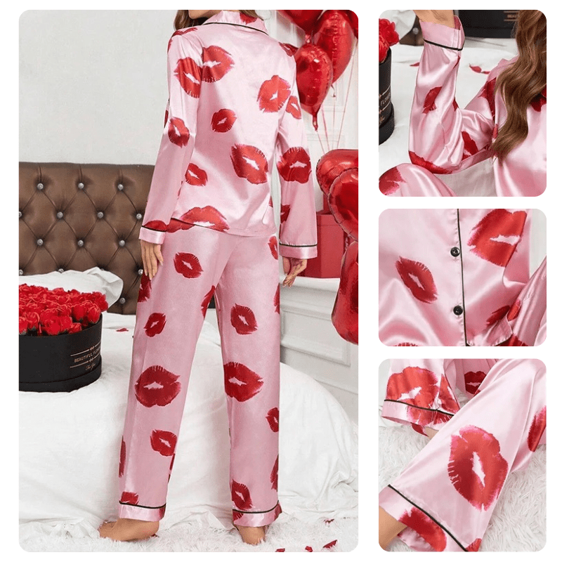 Satijnen pyjama dames met lippenprint