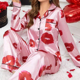 Satijnen pyjama dames met lippenprint Roze-rood / S