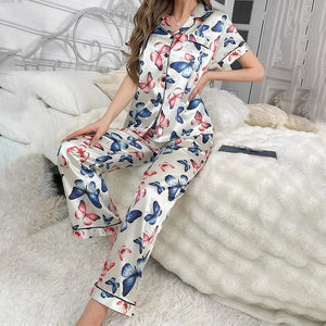Satijnen pyjama dames met vlinderprint