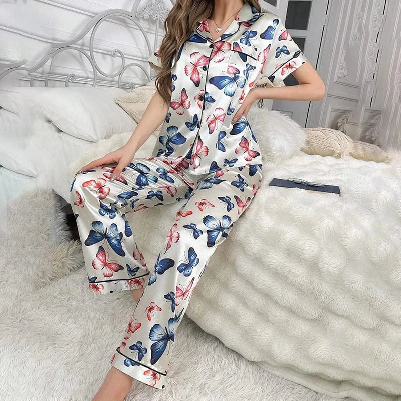 Satijnen pyjama dames met vlinderprint