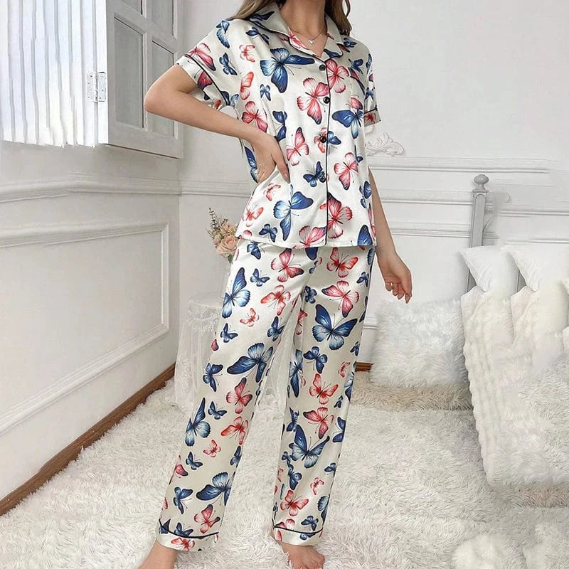 Satijnen pyjama dames met vlinderprint
