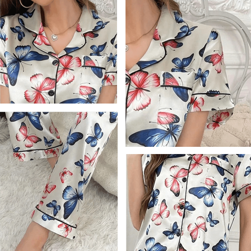 Satijnen pyjama dames met vlinderprint