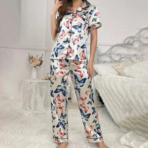 Satijnen pyjama dames met vlinderprint Blauwrood / S