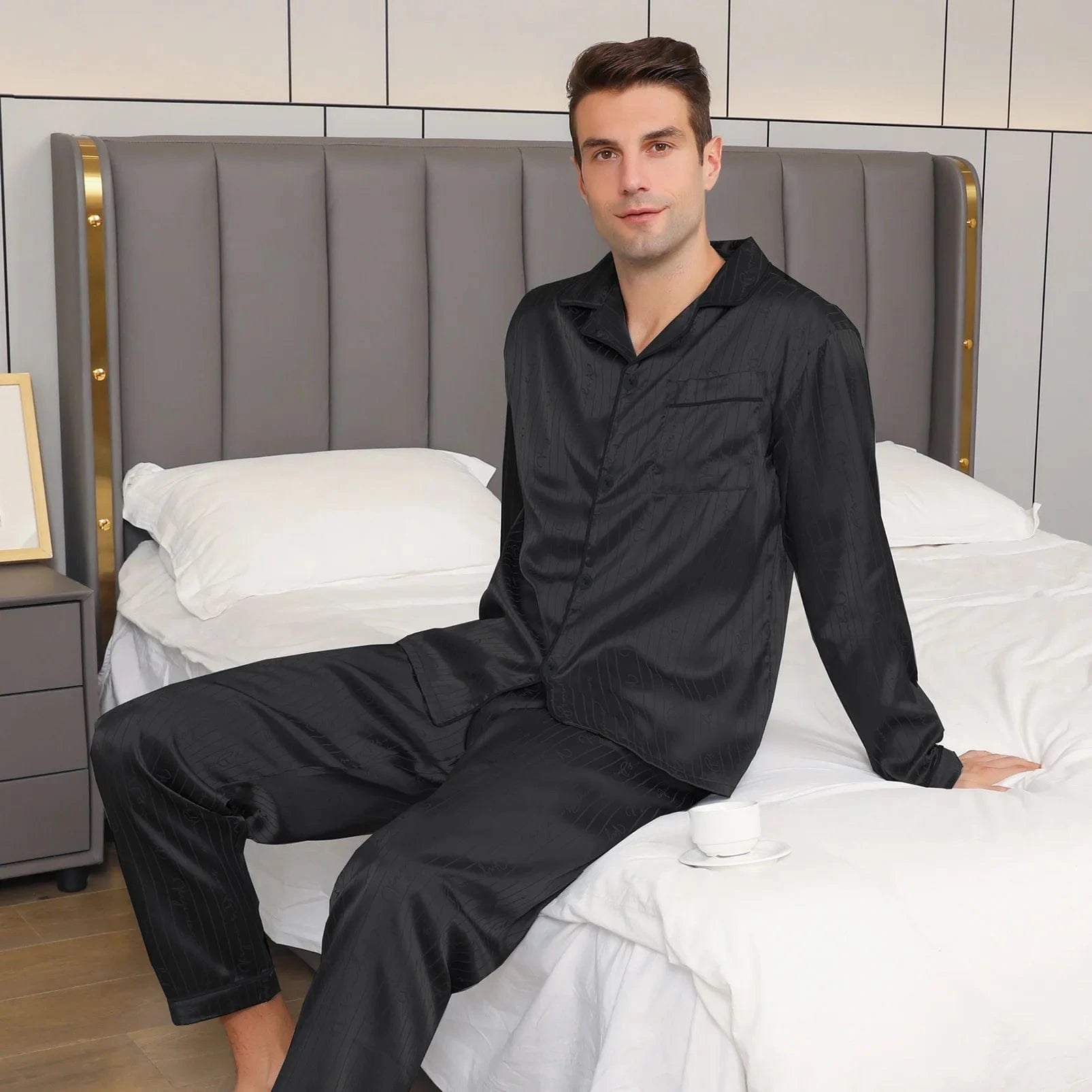 Satijnen pyjama heren zwart