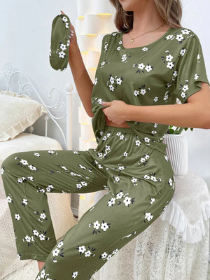Satijnen pyjama set dames met bloemenprint en slaapmasker