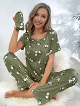 Satijnen pyjama set dames met bloemenprint en slaapmasker Groen / S