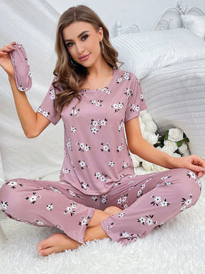Satijnen pyjama set dames met bloemenprint en slaapmasker Roze / S