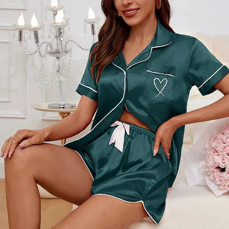 Satijnen pyjamashort Donkergroen / S