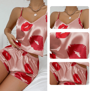 Satijnen shortama dames met lippenprint