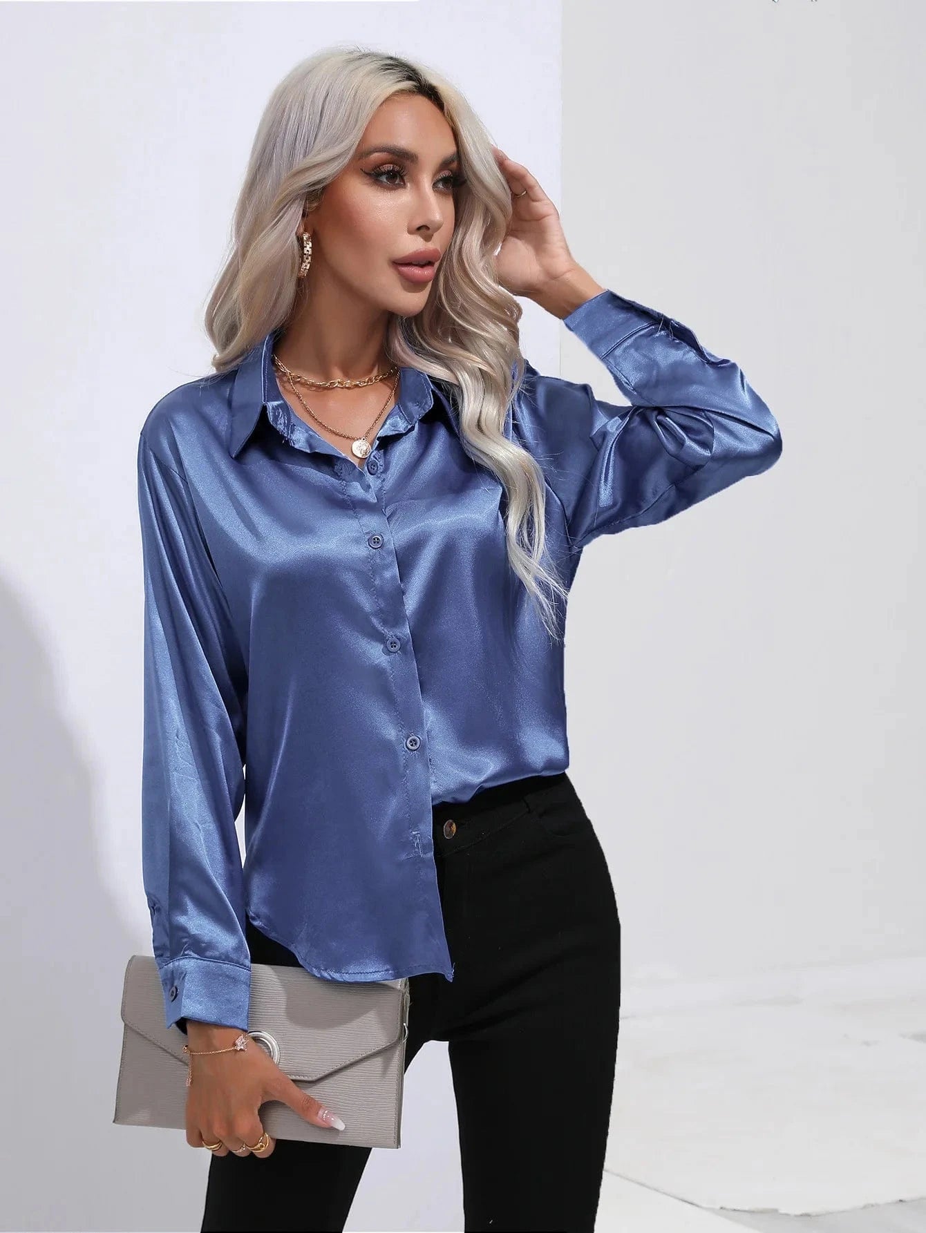 Steelblauw satijnen blouse
