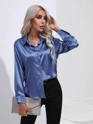 Steelblauw satijnen blouse