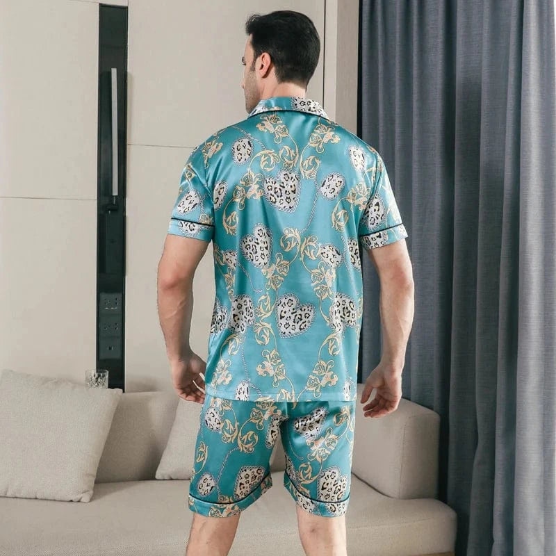 Turquoise satijnen shortama heren met barok en luipaardprint
