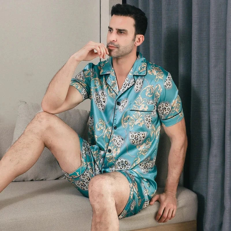Turquoise satijnen shortama heren met barok en luipaardprint Turquoise blauw / M