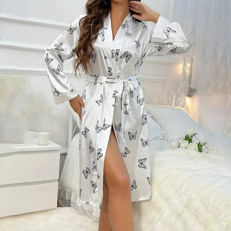 Witte satijnen kimono dames met vlinderprint