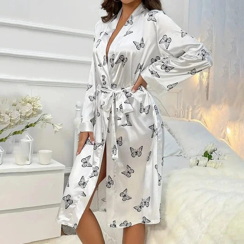 Witte satijnen kimono dames met vlinderprint
